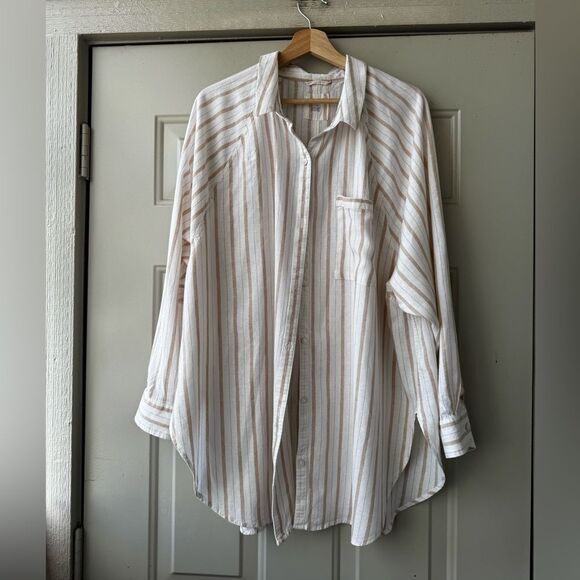 Aerie Two-Piece Set – Striped Button-Down Shirt L High-Waist Wide-Leg Pants M - Picture 8 of 16